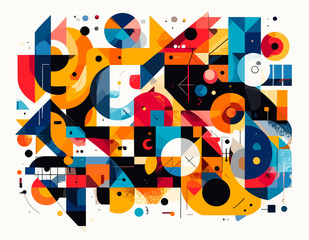 Vibrant Geometric Abstract Composition with Bold Colors and Dynamic Shapes on White Canvas