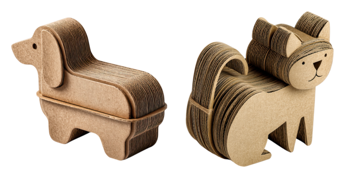 Cardboard dog and cat models with layered design and simple facial features, crafted with natural brown material