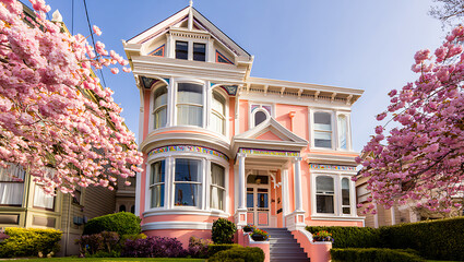 A beautiful pink Victorian 'Painted Lady' style house framed by blooming cherry blossom trees in spring.