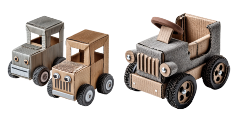 Toy car made of corrugated cardboard with wheels and steering wheel, playful and creative design for children