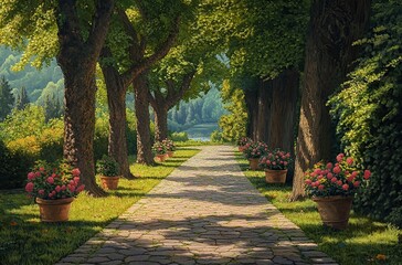 Photo of an alley in the park with trees and flower pots on each side