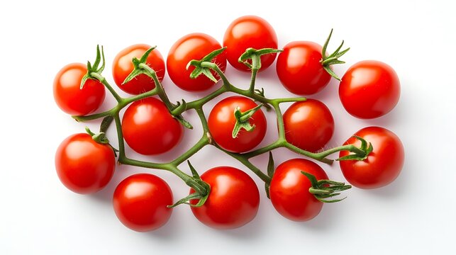 Fresh cherry tomatoes on vine top view flat lay isolated on white background - Powered by Adobe