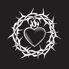 heart, crown of thorns and flame isolated on black background