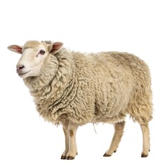 White farm sheep and a cute lamb stand in a green grassy field, portraying a peaceful agricultural scene