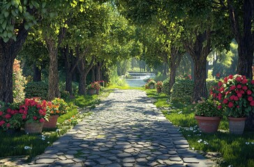 Photo of an alley in the park with trees and flower pots on each side,