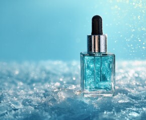 Cosmetic essence in a glass bottle with a pipette in transparent water with bubbles
