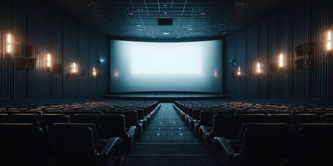 Empty Movie Cinema with Blank White Screen, Modern Theater Interior