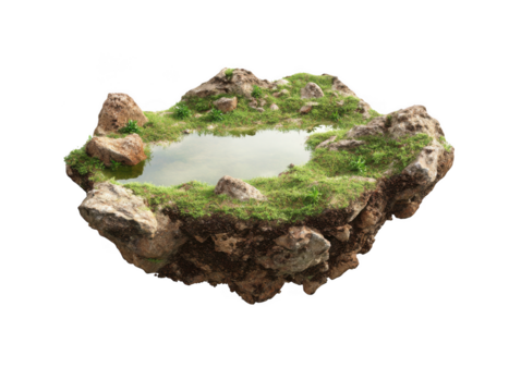 A small floating island with a pond and grass on a transparent background isolated on transparent background