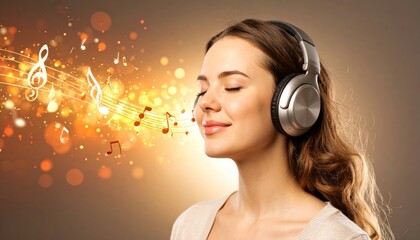 Woman with headphones in musical euphoria with golden light particles.