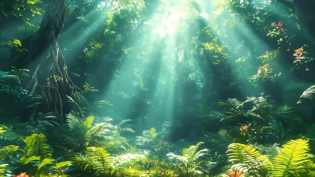 Lush dense rainforest with ancient trees and vibrant foliage