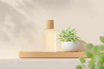 minimalist bathroom shelf with spa mist bottle and potted plant