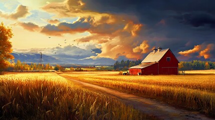 A picturesque sunset over a red barn in a golden wheat field, evoking tranquility.