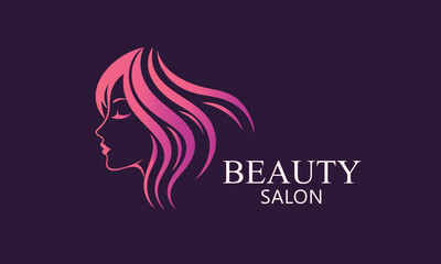 "Beauty Salon Logo with Woman's Profile and Flowing Hair in Pink-Purple Gradient"
