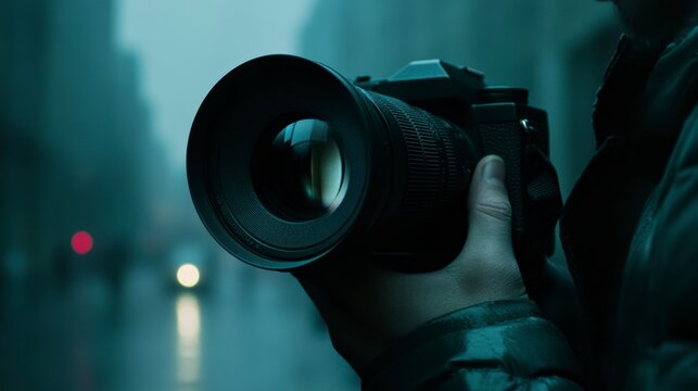 Close-up of a photographer's hand holding a DSLR camera with a large lens, capturing a blurry city street scene in the rain at night. - Powered by Adobe