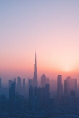 Naklejka premium minimalistic aerial view of dubai skyline at sunset with ample copy space