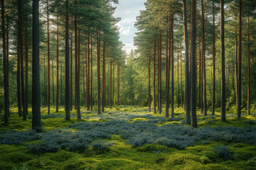 Fototapeta premium Blue flowers bloom amidst tall trees in a forest.