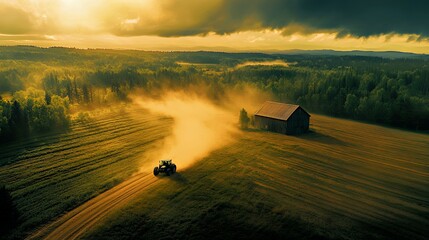 Fototapeta premium Tractor working a golden field at sunset with vibrant clouds and a rustic barn in the background.