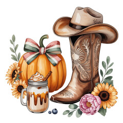 A cowboy boot and hat are artistically arranged alongside a pumpkin adorned with a colorful bow.