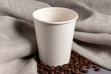 Coffee break: paper cup nestled among coffee beans draped with rustic linen fabric