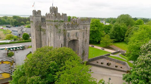 Bunratty Castle, aerial view of the large 15th-century tower house in County Clare, located in the center of Bunratty village, between Limerick and Ennis, Ireland.