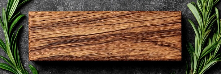 Wooden board framed by fresh green rosemary sprigs on textured dark gray surface