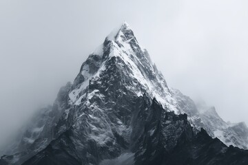 Snow capped mountain peak pierces through misty veil majestic natural fortress