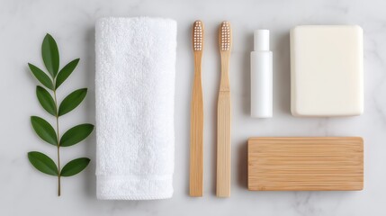 Eco Friendly Bathroom Essentials: Natural Toothbrushes Soap Towel and Greenery