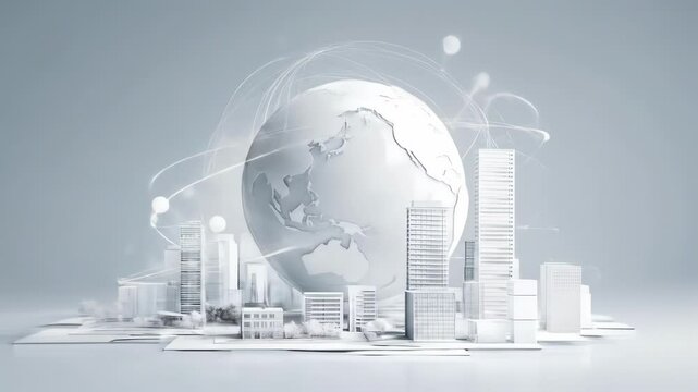 A seamless looping video with a blurred background shows a timeless interconnected cityscape, smart city or global communication, emphasizing technology and interconnectedness on a worldwide scale.