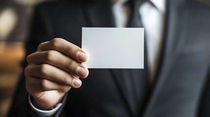 Naklejka premium Hand holding a blank business card, professional attire, sharp focus, clean and modern presentation