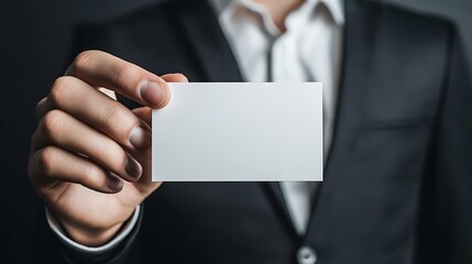 Fototapeta premium Hand holding a blank business card, professional attire, sharp focus, clean and modern presentation