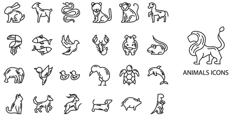 Fototapeta premium Animals simple concept 24 hand drawn icons set .Vector illustration. 