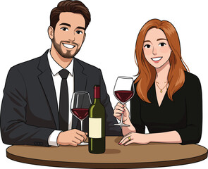 Illustration of a young caucasian couple holding red wine glasses and posing, sitting around the table, isolated on white background