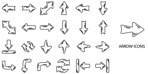 Arrows simple concept 24 hand drawn icons set .Vector illustration.