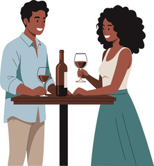 Illustration of a mixed race couple enjoying red wine around the table, isolated on white background