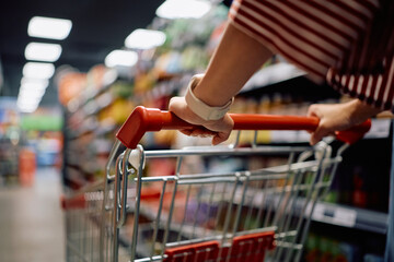 Close up of woman pushing shopping cart through the store. © Drazen