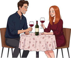 Illustration of a young caucasian couple celebrating with red wine, sitting around the table, isolated on white background