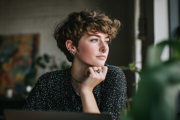 Non-binary person working in modern home office with plant nearby