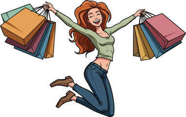 Illustration of a slim caucasian redhead woman jumping with joy, shopping bags on her hands, isolated on white background