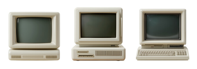 Vintage beige personal computer set with mini CRT monitors and retro hardware isolated on a transparent PNG
