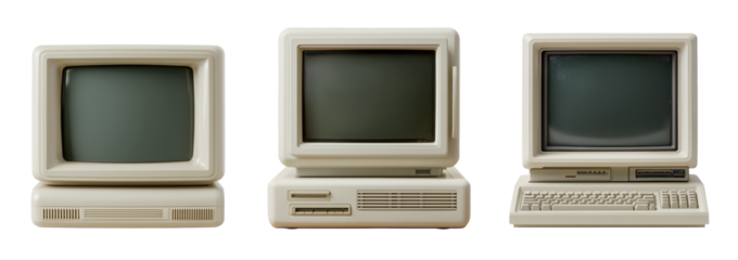 Vintage beige personal computer set with mini CRT monitors and retro hardware isolated on a transparent PNG
