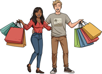 Illustration of a multi ethnic young couple enjoying shopping with shopping bags, full body, isolated on white background