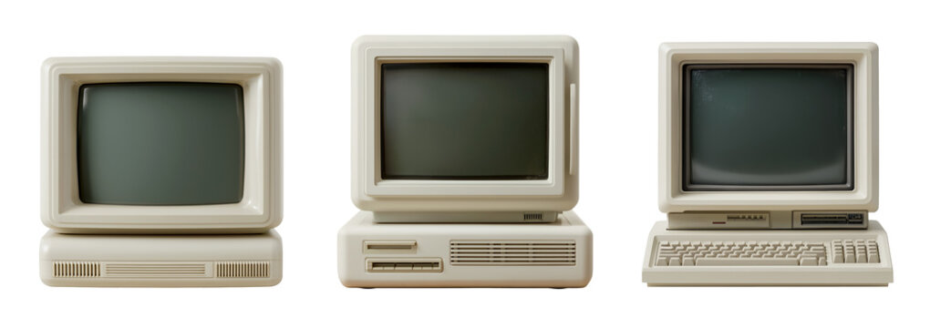 Vintage beige personal computer set with mini CRT monitors and retro hardware isolated on a transparent PNG
