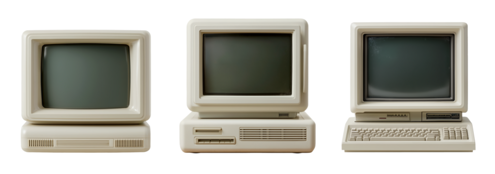 Vintage beige personal computer set with mini CRT monitors and retro hardware isolated on a transparent PNG
