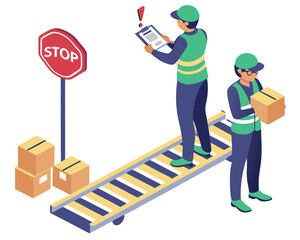 Industrial production line with conveyor belt failure, workers fixing malfunction as packages fall, shown in detailed isometric isolated factory maintenance and repair scene.