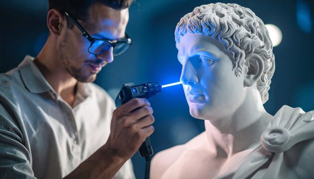 Renaissance 2.0: Caucasian Engineer Digitizing Classical Marble Art.