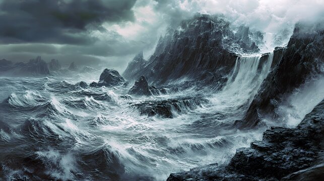 Dramatic seascape with tumultuous waves and dark rocky cliffs under a stormy sky.