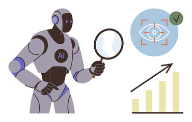 Humanoid AI robot holding a magnifying glass, eye recognition symbol with checkmark, and upward growth chart. Ideal for technology, AI, data analysis, automation, innovation, machine learning