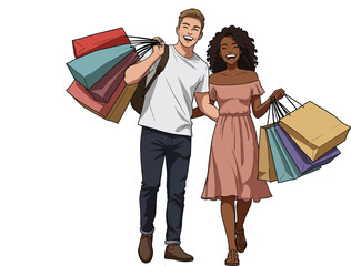 Illustration of a multi ethnic young couple enjoying shopping with shopping bags, full body, isolated on white background