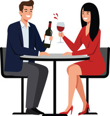 Full body illustration of a young couple sitting around a table enjoying red wine, isolated on white background