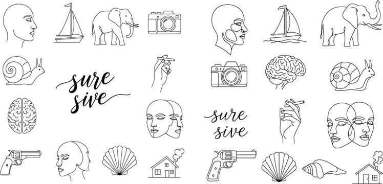 Various Outline Elements Animals, Objects, Faces, and Script Lettering Style